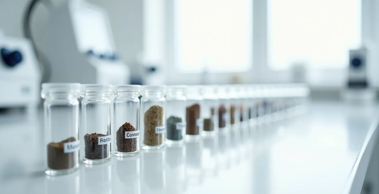 Échantillons de matériaux de construction alignés pour analyse en laboratoire