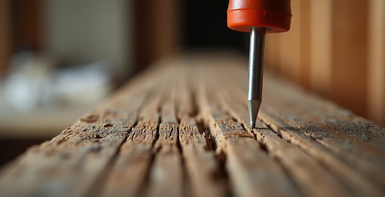 Détail macro d'un humidimètre analysant une poutre de bois avec texture visible