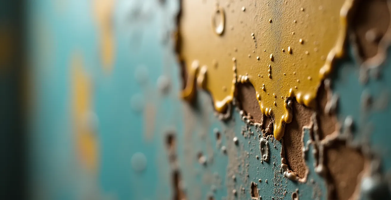 Détail de mur avec traces d'humidité dissimulées