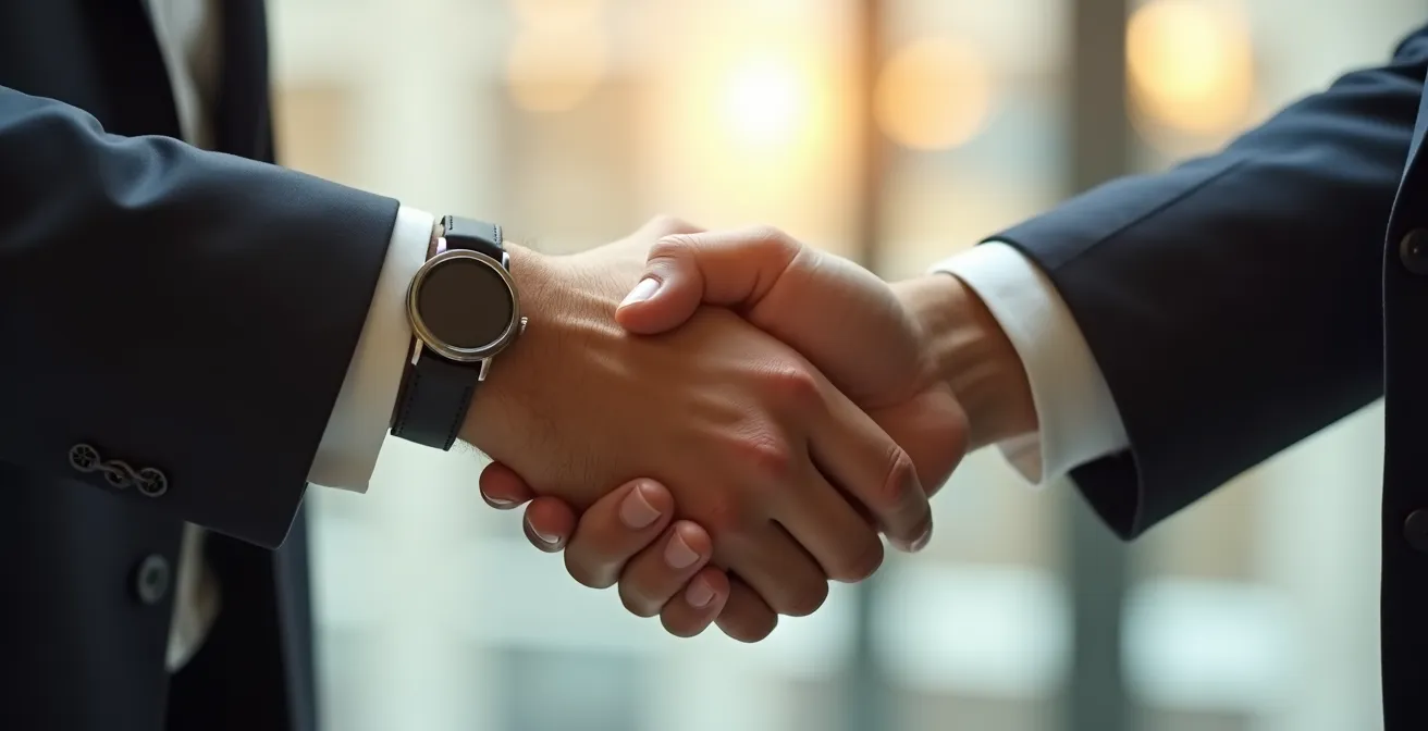 Poignée de main professionnelle scellant une transaction immobilière réussie