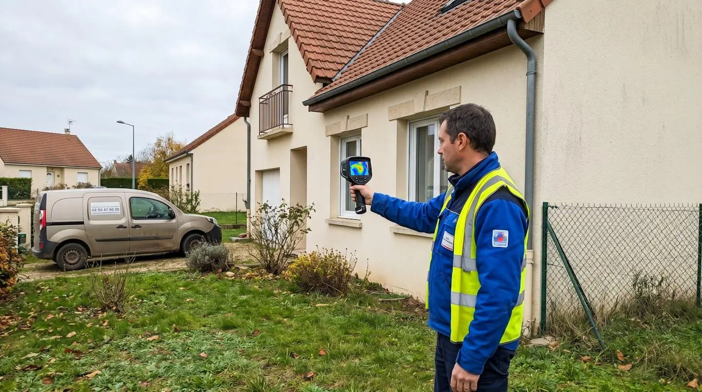Diagnostiqueur immobilier de profil utilisant une caméra thermique devant le mur extérieur d'une maison lors d'un audit énergétique