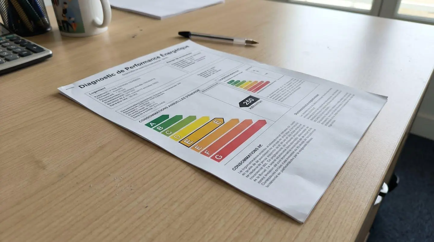 Gros plan sur une étiquette DPE officielle montrant les classes énergétiques de A à G avec focus sur la zone rouge F-G