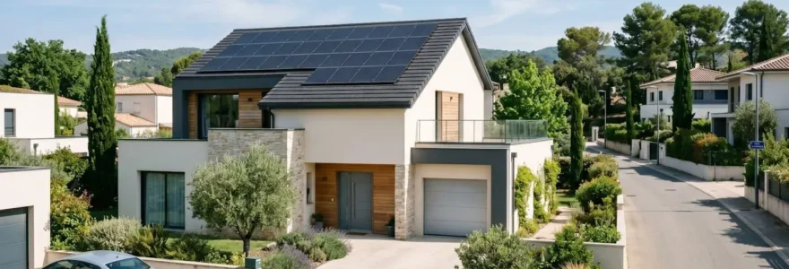 Façade d'une maison individuelle récente avec panneaux photovoltaïques sur toiture dans un quartier pavillonnaire lumineux du sud de la France